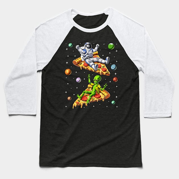 Astronaut And Alien Riding Pizza Baseball T-Shirt by underheaven